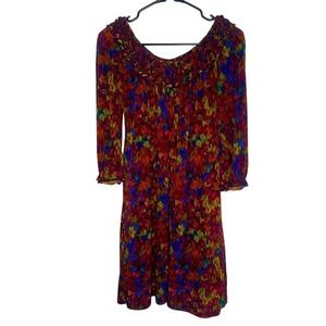 Colorful Print Dress‎ Long Sleeve Ruffle Neckline Womens